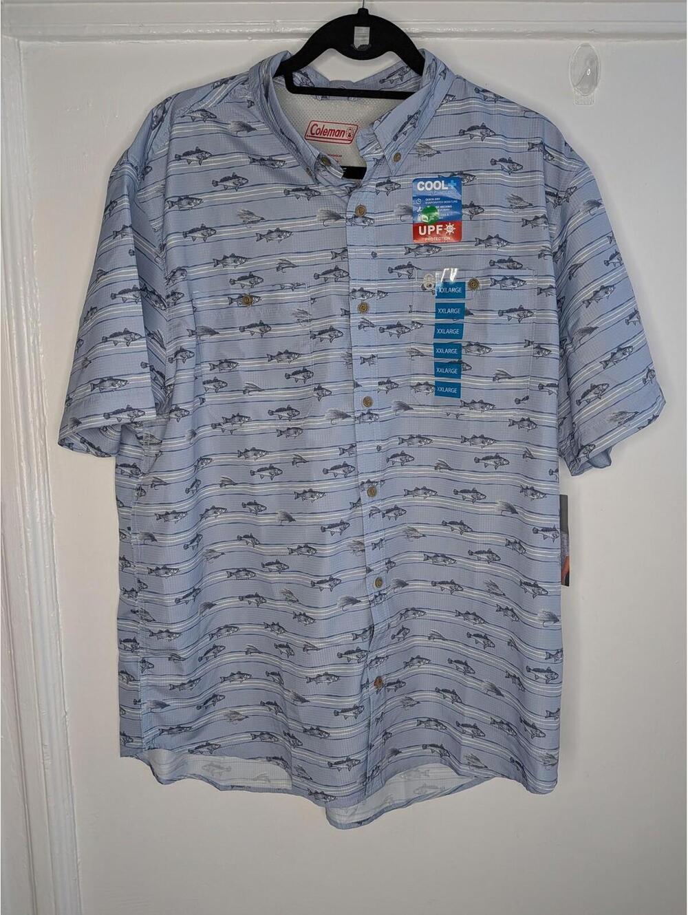 Coleman Shirt Mens 2XL Blue Fish Print Short Sleeve Button Front UPF 40 Fishing